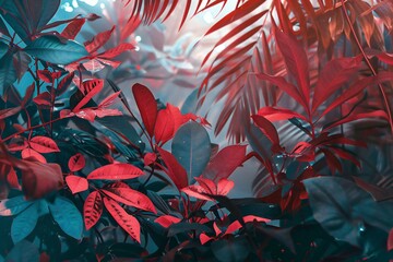 Close up of mysterious jungle with   red and black  tropical leaves, generated by ai