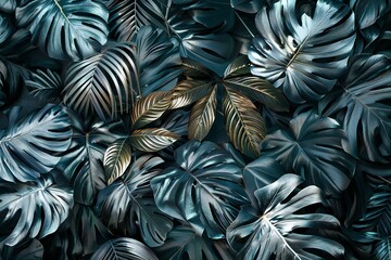 Close up of mysterious jungle with  silver tropical leaves, generated by ai