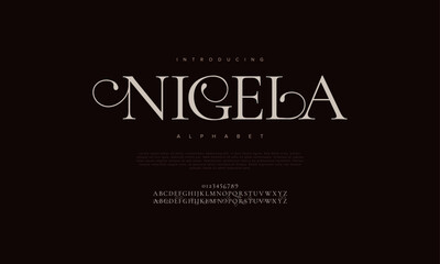 Nigela swash luxury elegant alphabet letters and numbers. Vintage wedding typography classic serif font decorative vintage retro. creative vector illustration
