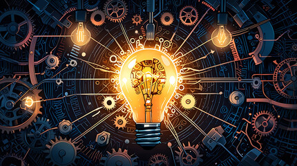 An illustration depicting innovation, with a light bulb surrounded by gears, circuits, and creative ideas, symbolizing breakthroughs and technological advancements.
