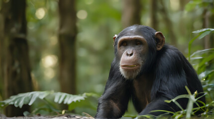 a chimpan sitting in the middle of the forest