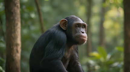 a chimpan sitting on a log in the woods