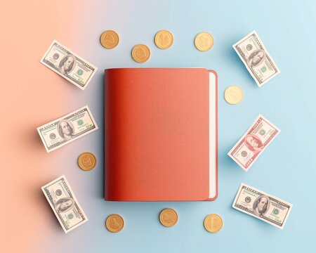 Red Wallet with Money on Pastel Blue and Pink Background.
