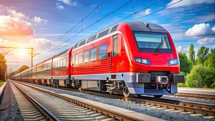 Fototapeta premium Modern electric passenger train arriving at station with red wagons on a sunny summer day , train, station, electric