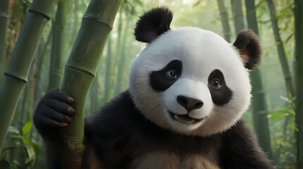 Obraz premium panda bear in a bamboo forest with a bamboo stalk in its hand