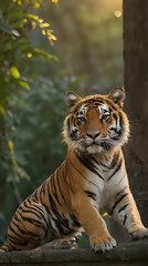 Naklejka premium a tiger that is sitting on a ledge in the woods