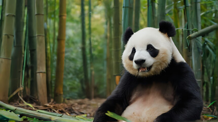 Obraz premium panda sitting on the ground in front of bamboo trees with its mouth open
