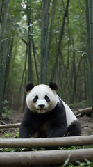 Obraz premium panda bear sitting on the ground in a bamboo forest