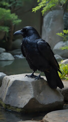a black bird sitting on a rock in the water