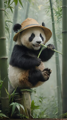 Obraz premium panda bear sitting on a bamboo pole with a hat on