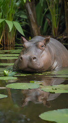 Fototapeta premium a hippo in the water with lily pads