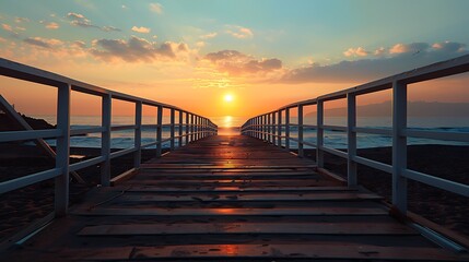 Obraz premium A plastic bridge with a view of the beach and rising sun gives a sad vibe