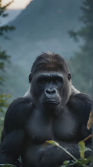 Obraz premium a sitting in the grass with a mountain in the background