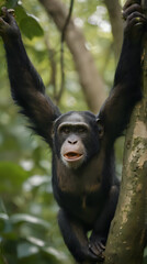 a monkey hanging from a tree branch with its arms up