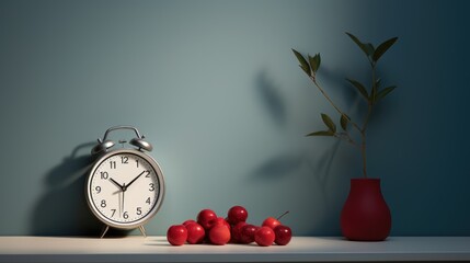 Nighttime Nourishment: Minimalistic Clock with Cherries and Pomegranates in Soft Moonlight