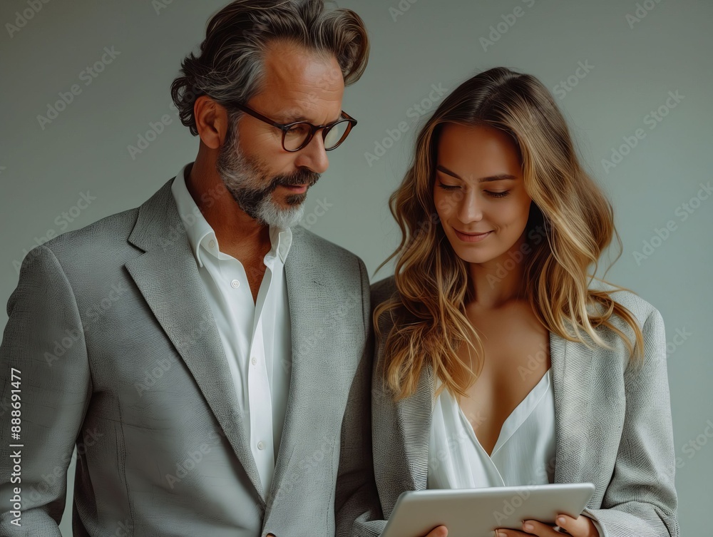 Sticker A man and woman in business attire looking at a tablet.