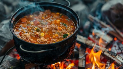 A retro style of stylized in center gaes soup while camp over a fire
