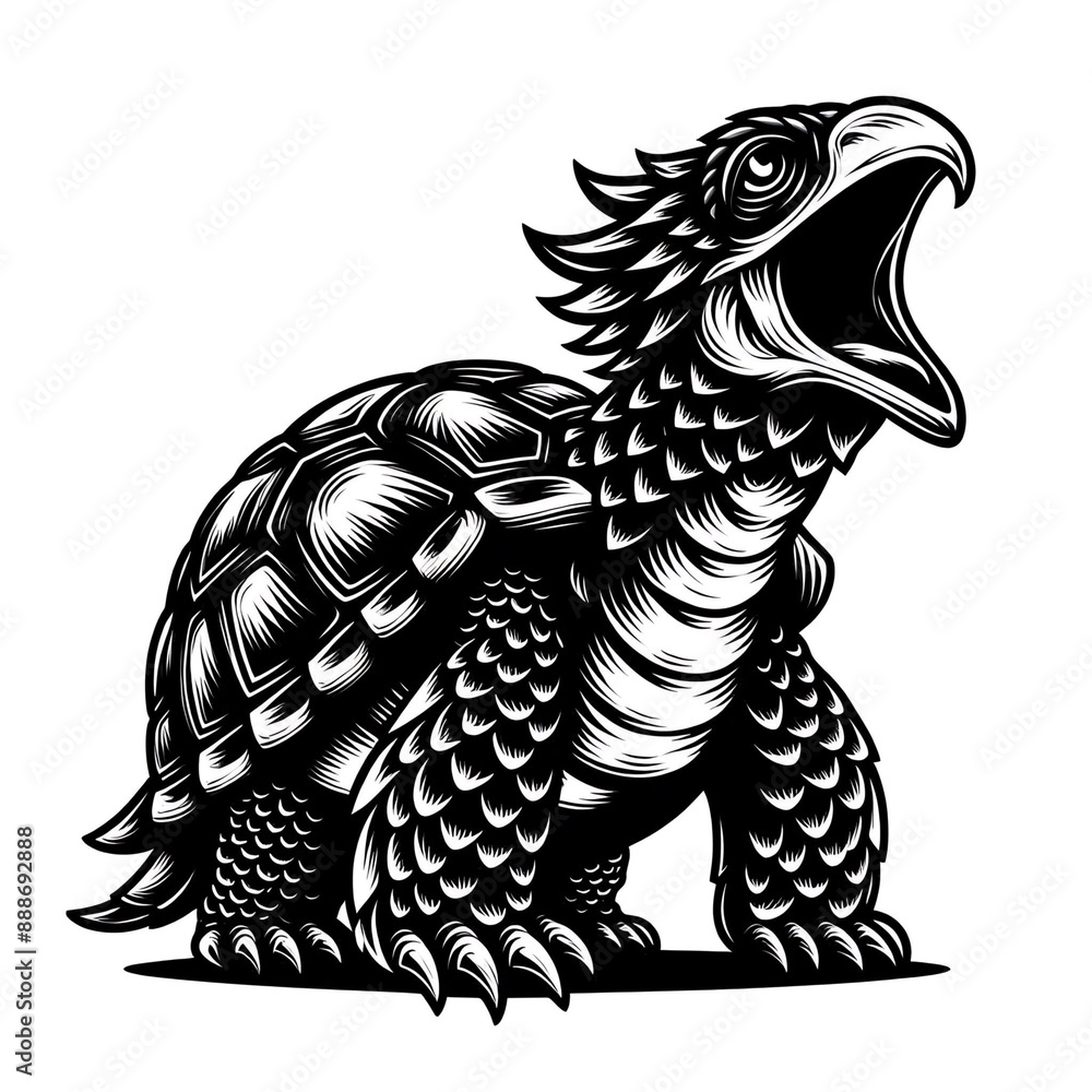 Poster dynamic black and white silhouette of a turtle with detailed textures and expressive features. ideal