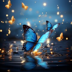 A blue butterfly with golden spots on its wings flying over the sea