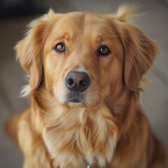 Close-up portrait of a golden retriever with a serious expression, showcasing its soft fur and gentle eyes. Perfect for pet-related content and animal lovers.