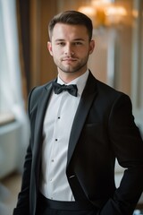 A man in a tuxedo standing in posing.