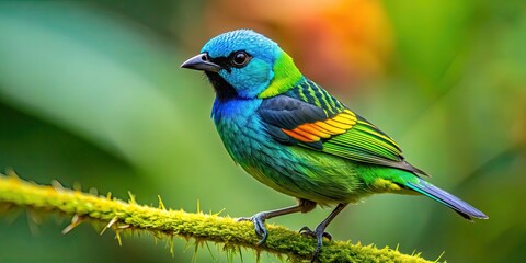 Obraz premium Vibrantly colored green-headed tanager in the Atlantic Forest biome of Brazil, bird, colorful, green, tanager, Atlantic Forest