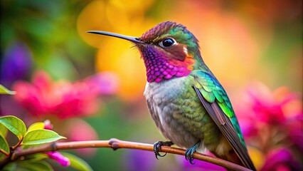 Fototapeta premium Hummingbird resting peacefully in nature with vibrant colors and soft focus background, hummingbird, nature, wildlife