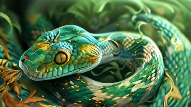 Green snake coiled in golden vines