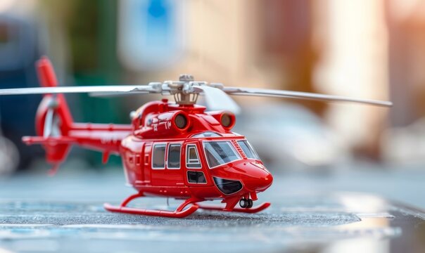 Close-Up of a Red Plastic Helicopter Toy Model. Ideal for Advertising, Event Invitations, International Aviation Day, and Children's Day Gift Articles. Perfect for Commercial Use, Marketing Campaigns,