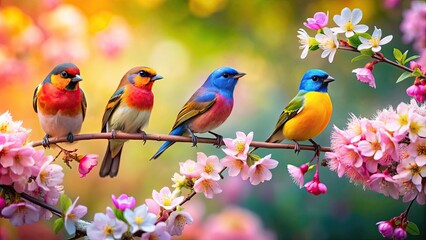 Obraz premium Vibrant springtime scene with colorful birds perched on blooming flowers, spring, birds, flowers, vibrant, colorful, nature