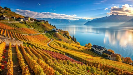 Majestic landscape of Lavaux vineyards overlooking the fall colors, Switzerland, Lavaux, Switzerland, vineyards, fall