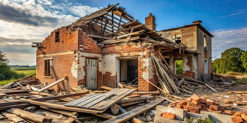 Ruined house with planks and bricks scattered around , earthquake, destruction, abandoned, damaged, disaster, aftermath