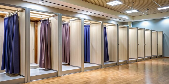 Row of dressing booths for trying on clothes, clothing, fitting room, changing room, fashion, retail, store, shopping
