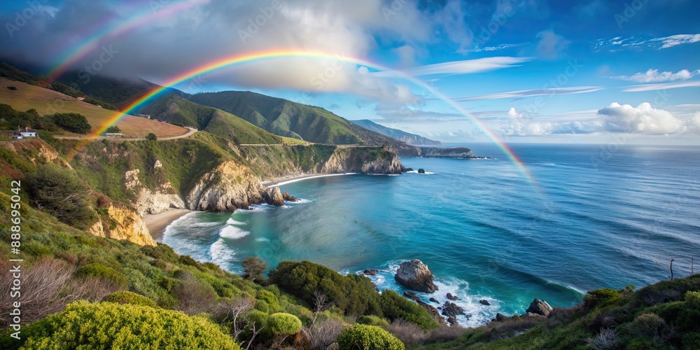 Sticker Vibrant rainbow over the majestic Big Sur coastline in California , rainbow, Big Sur, California, ocean, coast, Pacific