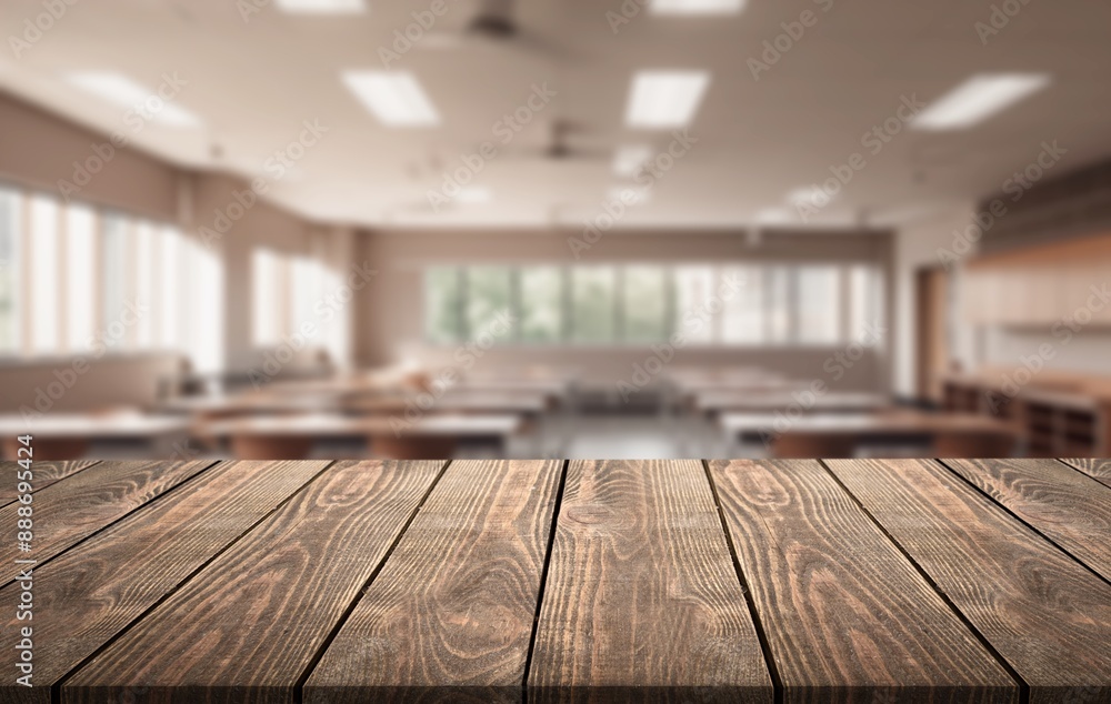 Poster Wooden table top with blurred classroom background