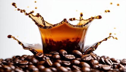 photo coffee splash with coffee beans on white background