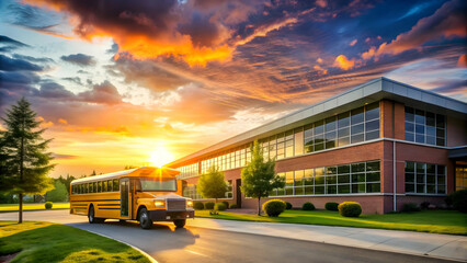 Obraz premium Students school building at sunrise. After vacation to school yellow school bus students go to school after summer vacation background 