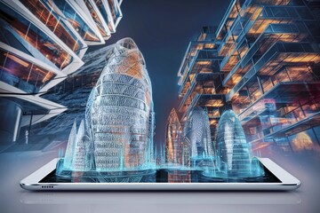 Digital tablet and a hologram of modern buildings