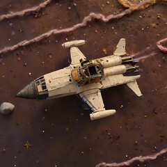 a model of a fighter jet on a dirty surface