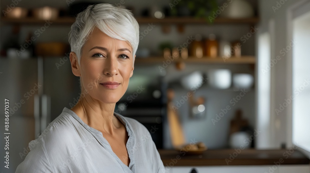 Wall mural A woman with white hair standing in a kitchen.