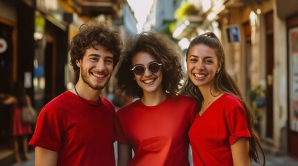Naklejka premium Three young people in red shirts smiling.