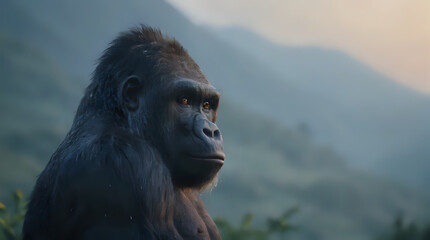 a gorilla that is sitting in the grass