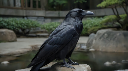 a black bird sitting on a rock near a pond