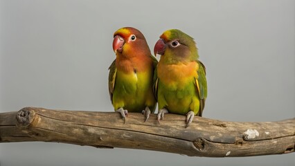 Naklejka premium Lovebird parrots perched closely together on a tree branch , lovebird, parrots, sitting, together, tree, branch, colorful