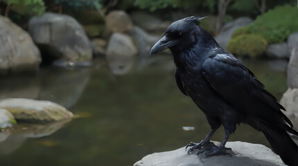 Naklejka premium a black bird that is sitting on a rock