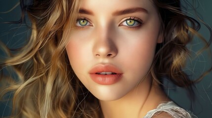 Naklejka premium A beautiful woman with long hair and green eyes.