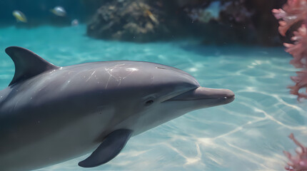 Fototapeta premium dolphin in the water with corals and seaweed in the background