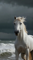 Naklejka premium a white horse running on the beach near the ocean