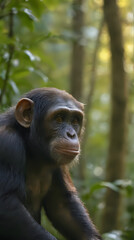 a chimpan sitting on a tree branch in the forest