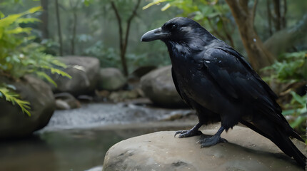 Fototapeta premium a black bird sitting on a rock in the woods
